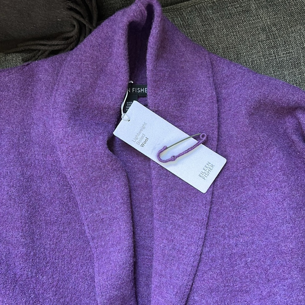 Eileen Fisher Boiled Wool Kimono Jacket grape purple Size XS tags Open Front.